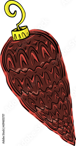 Hand drawn vector drawing of pine cone, Christmas decoration, ornament. Cartoon style, doodle, colour, colourful, brown, red, winter holidays 