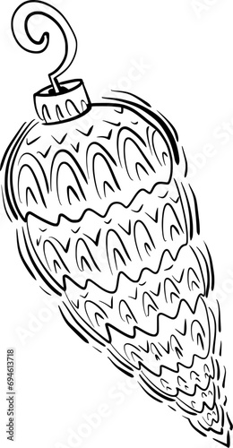 Hand drawn vector drawing of pine cone, Christmas decoration, ornament. Cartoon style, doodle, black and white, contour, silhouette, winter holidays 