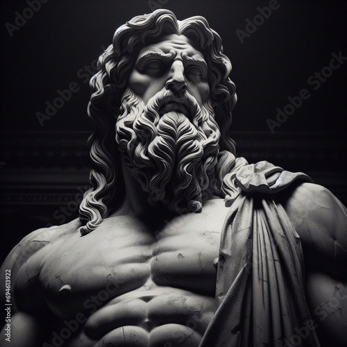 Handsome marble statue of powerful greek god Poseidon over dark background, The powerful king of the gods in ancient Greek religion. Bust of greek god . Ancient Greek mythology. Antique sculpture. photo