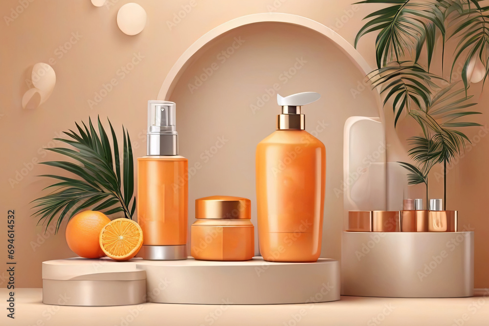 orange cosmetics podium 3D mockup showcasing cream jar shampoo bottle