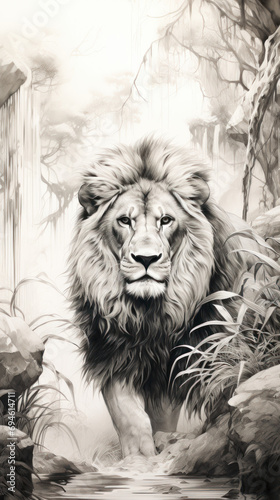 Drawing of a beautiful lion with a fluffy mane in gray colors.