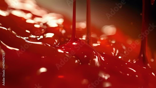 Tiny droplets of ketchup suspended in mid air illuminated by a ray of light revealing the complex structure and viscosity of the sauce. photo