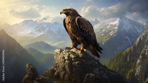 Eagle in a regal pose, perched on a rocky outcrop, with a mountainous backdrop.