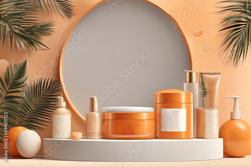 orange cosmetics podium 3D mockup showcasing cream jar shampoo bottle