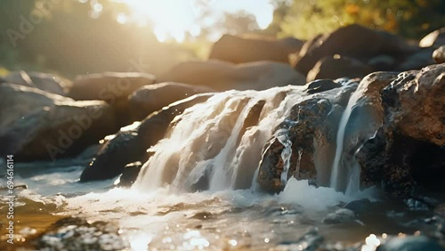 Closeup of a small waterfall, with water gushing down a slope of uneven rocks, creating a dynamic and energizing view. photo