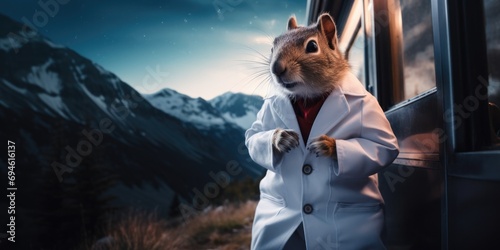A squirrel dressed in a lab coat leaning out of a train window. Generative AI.
