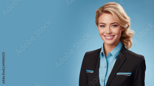 Blonde woman in flight attendant uniform isolated on pastel background photo