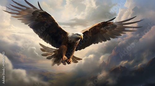 Eagle mid-flight, surrounded by clouds, giving a sense of altitude.