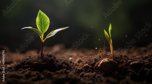 Two young plants sprouting out of the ground. Generative AI. photo