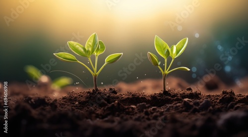 Two young plants sprouting out of the ground. Generative AI.