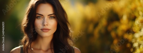 A Close Up Photo Portrait of a Brunette Feminine Woman standing against a Warm Earthy Green Background - Brunette Woman Green Wallpaper with Empty Copy Space created with Generative AI Technology