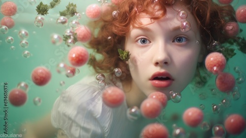 A woman with red hair is surrounded by bubbles. Generative AI.