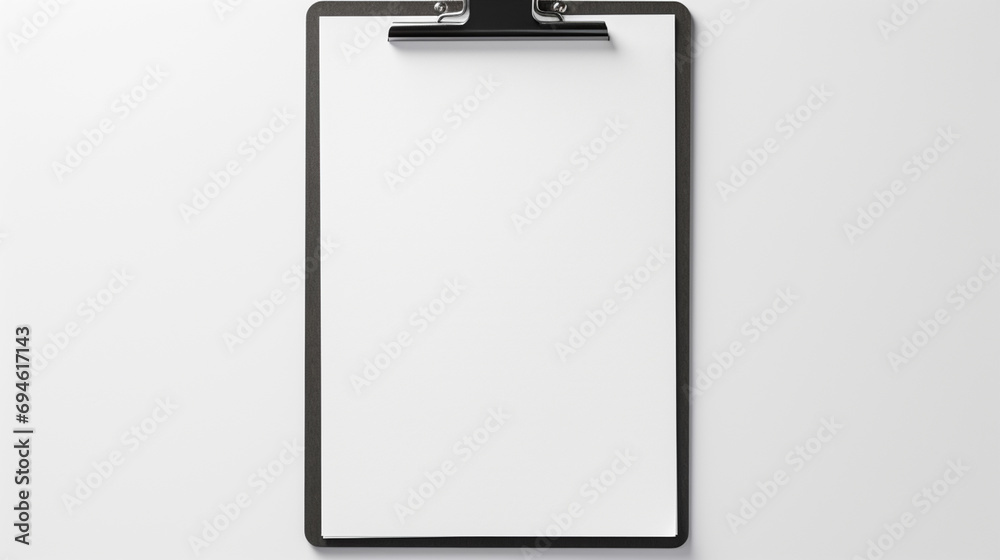 Clipboard with Paper Black on white background.top view. Generative AI Clipboard with Paper Black on white background.top view. Generative AI