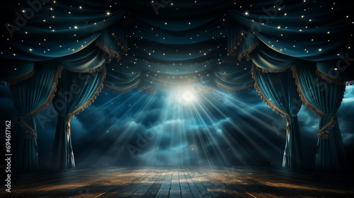 theater stage Art concept. Blue stage curtain with spotlights. scene, stage light with colored spotlights and smoke. Stage on the dark floor with lights on the perimeter. 