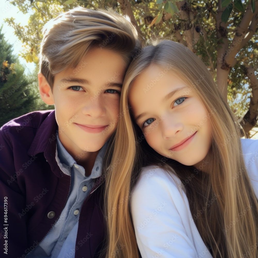 A joyful brother and sister embrace and smile for a delightful outdoor portrait. Generative AI. A joyful brother and sister embrace and smile for a delightful outdoor portrait. Generative AI.