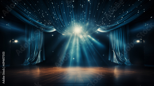 Blue stage curtain with spotlights. scene, stage light with colored spotlights and smoke. Stage on the dark floor with lights on the perimeter. theater stage Art concept.. photo