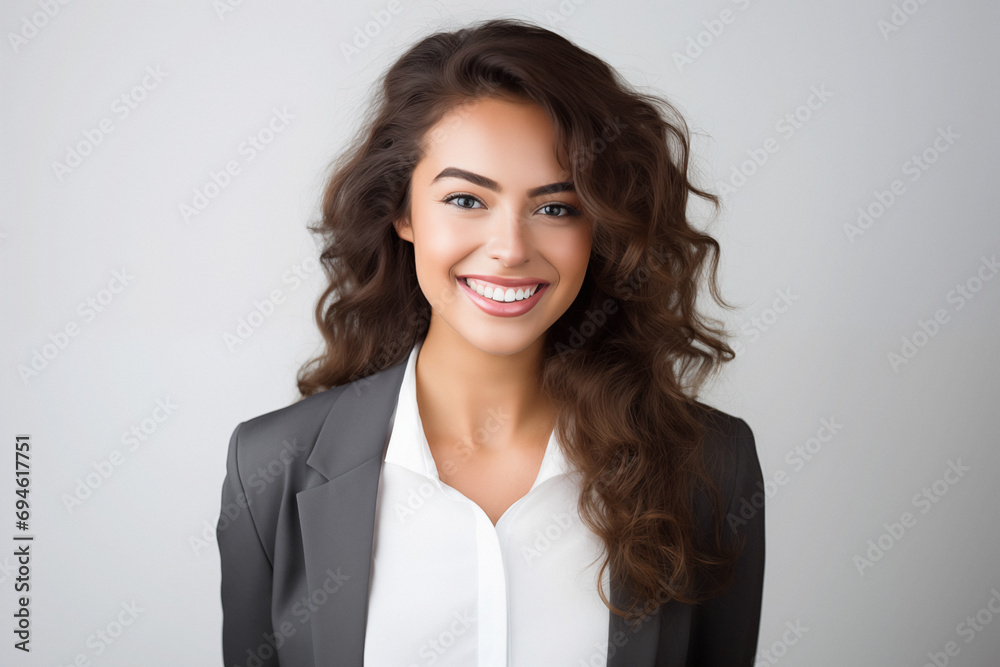 Portrait of a beautiful young businesswoman smiling with a gray background Portrait of a beautiful young businesswoman smiling with a gray background