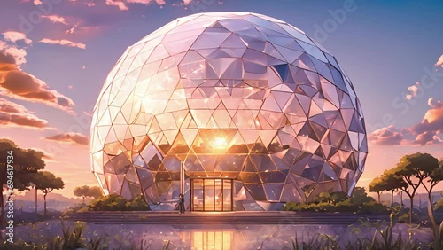 Standing front Nanotech Agriculture Dome, could futuristic glass structure with hexagonal panels covering entire surface. panels slick reflective, creating dazzling 2d animation photo