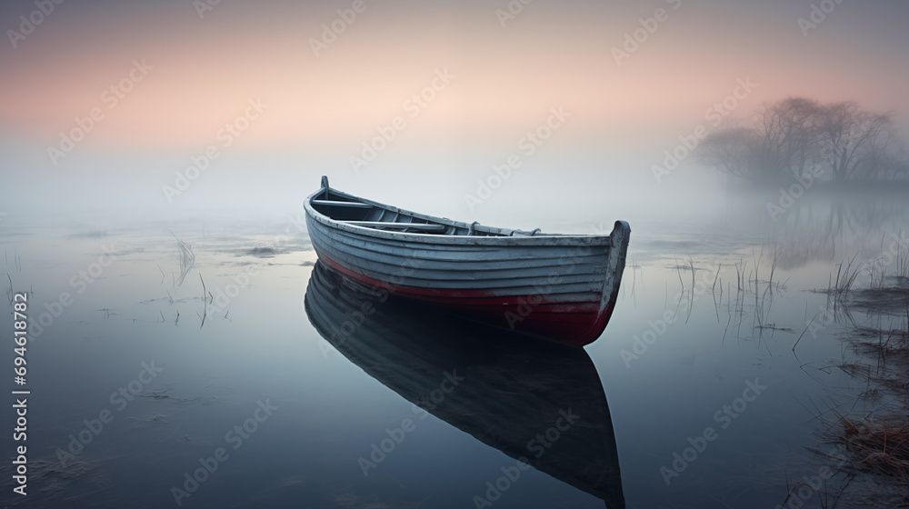 a small boat floating on top of a serene peaceful calm foggy lake 