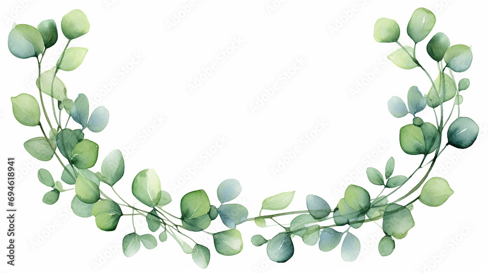 Watercolor modern decorative element. Eucalyptus round Green leaf Wreath, greenery branches, garland, border, frame, elegant watercolor isolated on white background - obrazy, fototapety, plakaty 