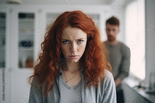 Оffended young woman with curly red hair and man argument, сlose up upset wife in front and husband standing behind quarrel at home. Family conflict, crisis, psychological abuse, relationships concept