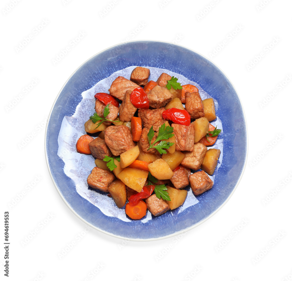 Plate with delicious goulash isolated on white, top view