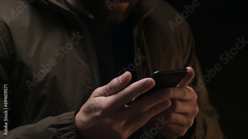 A man using smartphone on blur background. Generative AI