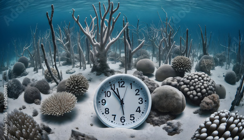 underwater scene with a clock, placed amidst dead coral and a sandy sea floor. The environment portrays a stark, barren underwater landscape photo