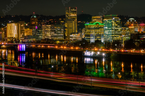 Portland, Oregon - USA, Bridge at Night - downtown Oregon in background © CK
