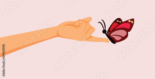 Hand of a Person Holding a Butterfly Vector Spring Illustration. Fragile graceful insect sitting on human finger
