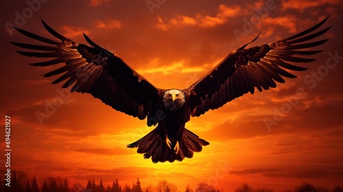 Silhouetted eagle against a fiery sunset, wings creating a striking silhouette.