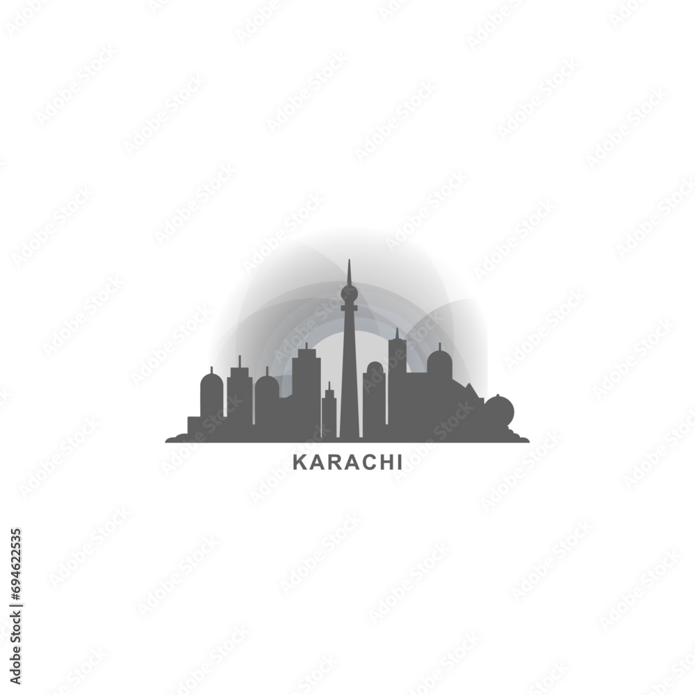 Karachi cityscape skyline city panorama vector flat logo, modern icon. Pakistan emblem idea with landmarks and building silhouettes, isolated clipart at sunset, sunrise, night