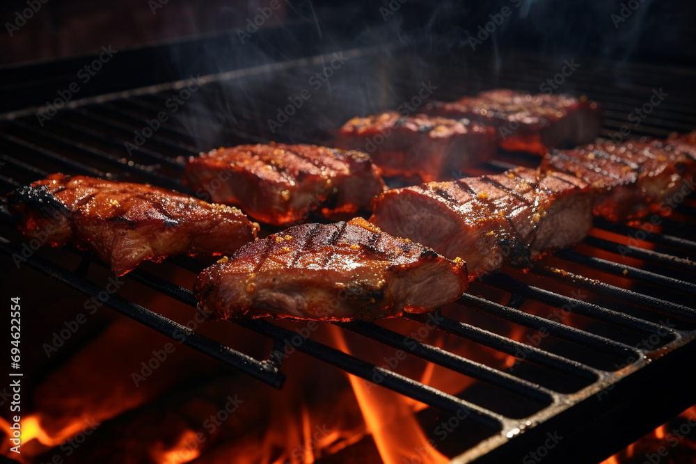 Pork grilling on grill on a hot Pork grilling on grill on a hot