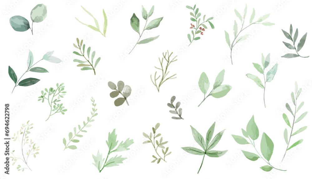 Set of watercolor green leaves elements. Collection botanical vector isolated on white background suitable for Wedding Invitation, save the date, thank you, or greeting card. - obrazy, fototapety, plakaty 