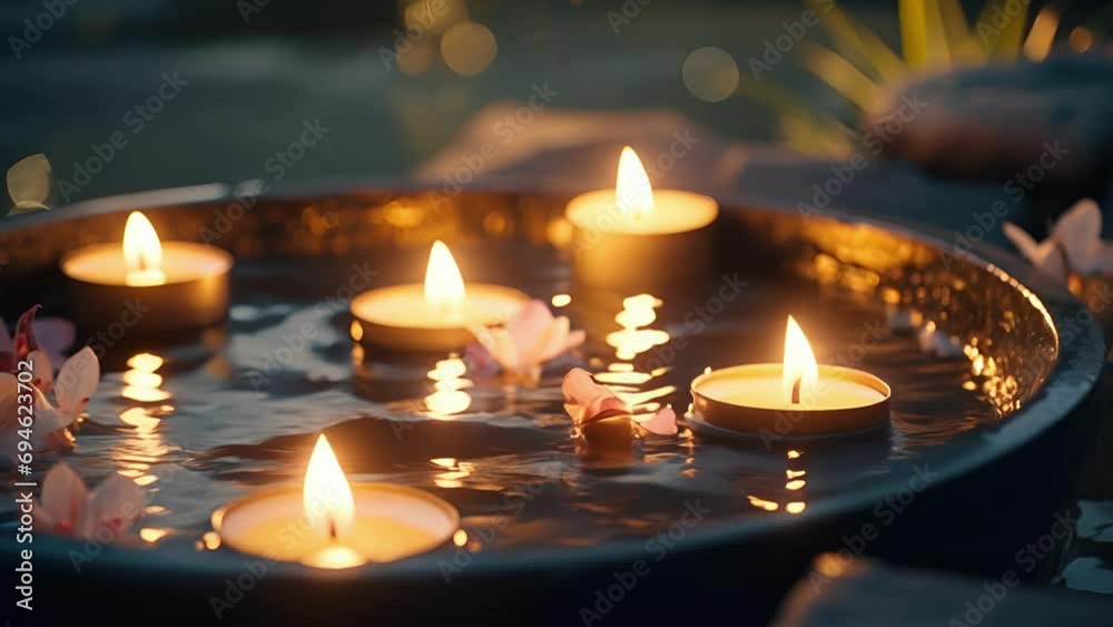 Closeup of flickering candles on the edge of a hot spring, adding to the peaceful ambiance. Closeup of flickering candles on the edge of a hot spring, adding to the peaceful ambiance.