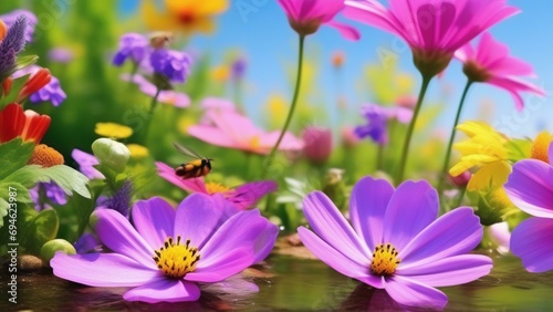 spring vibrant nature with flowers and insect photo realistic wallpaper