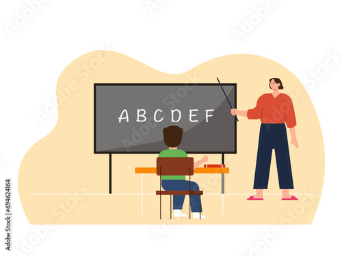 Parents are teaching their child to read the alphabet. Parenting illustrations.