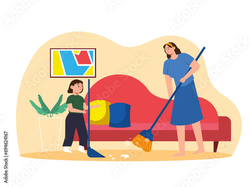 Parents are teaching their children to clean the house. Parenting illustrations.
