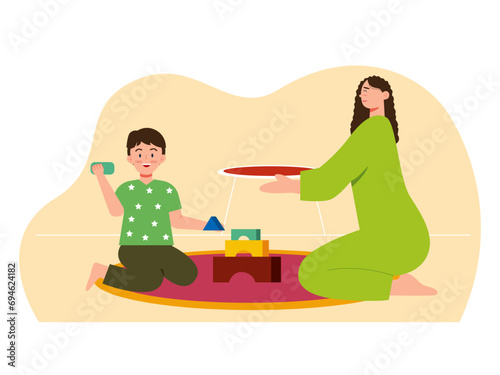 Parents are accompanying their children to arrange blocks. Parenting illustrations.