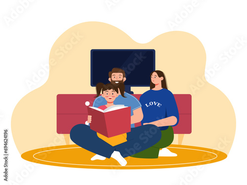 Parents are accompanying their children to read a book. Parenting illustrations.