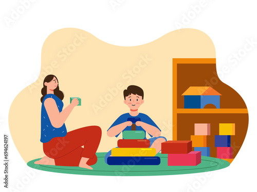 Parents are accompanying their children to arrange blocks. Parenting illustrations.