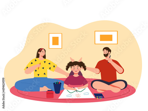 Parents are accompanying their children to draw. Parenting illustrations.