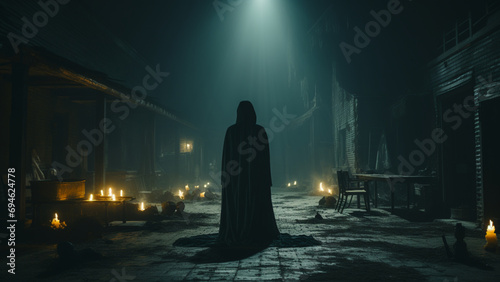 Mysterious witch in a dark foggy night. 3D rendering,Generative AI