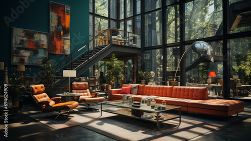 Interior of modern living room with orange leather sofa and armchairs,Generative AI