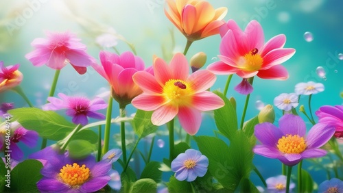 spring vibrant nature with flowers and insect photo realistic wallpaper © Young
