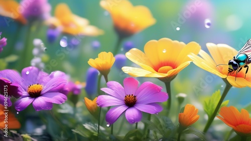 spring vibrant nature with flowers and insect photo realistic wallpaper