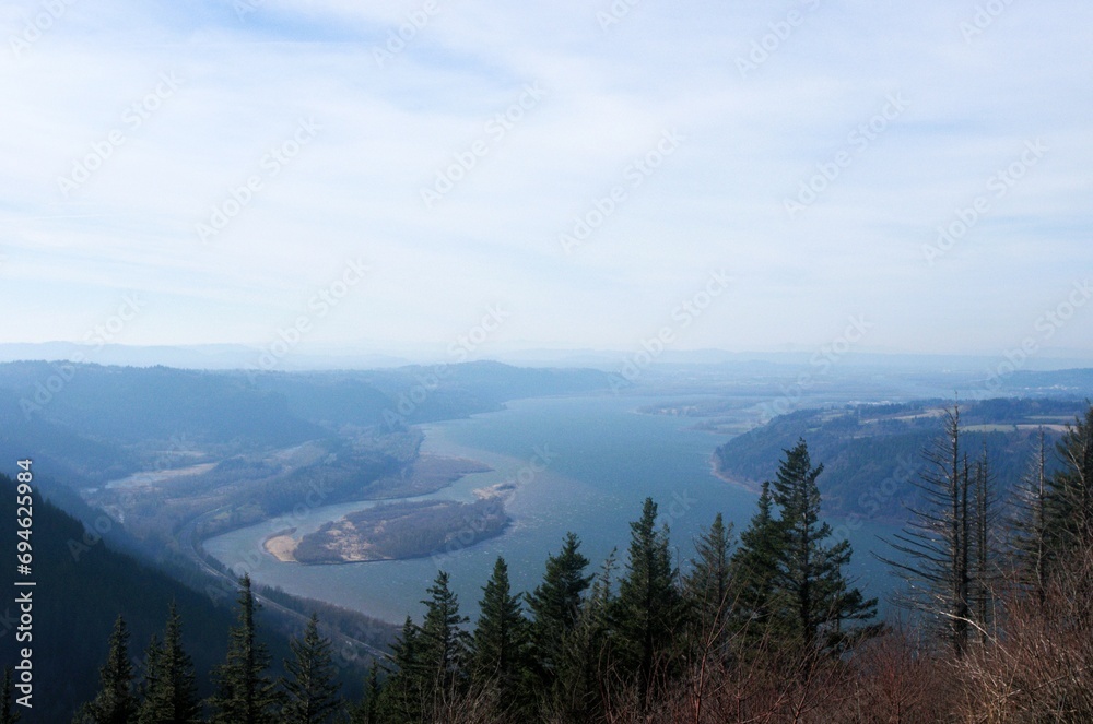 Aerial view of Columbia river from behind trees, on an overcast day.