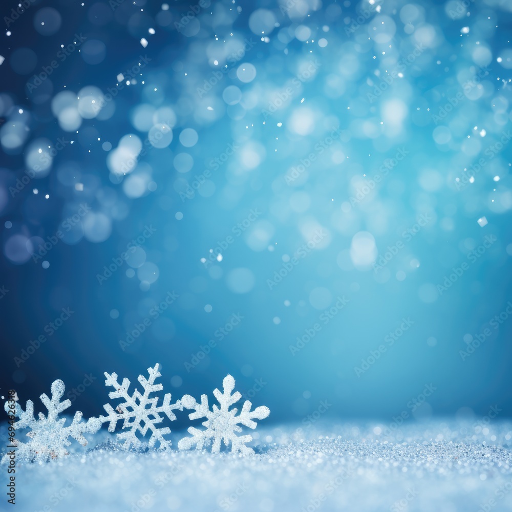 White snowflakes close up on a white snow, blue blurred background, space for text. Generative AI White snowflakes close up on a white snow, blue blurred background, space for text. Generative AI