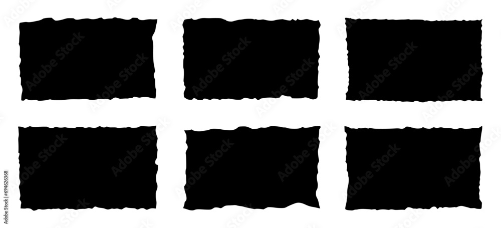Rough edge rectangle shape collage. Paper torn, jagged edge rectangle frame set. Grunge, old vintage black border collage. Black ripped papers silhouettes. Vector illustration. - obrazy, fototapety, plakaty 