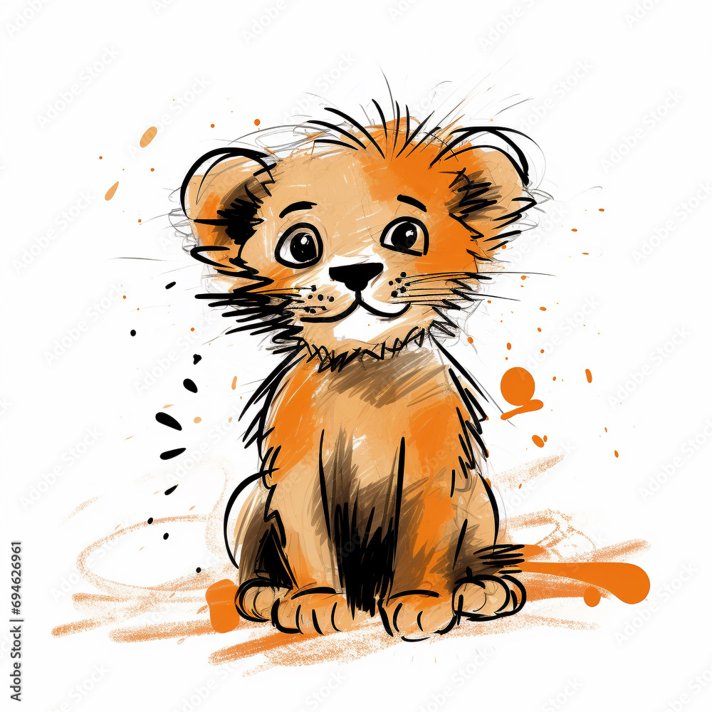Messy art line sketch of a cute, modern baby Lion cartoon illustration Messy art line sketch of a cute, modern baby Lion cartoon illustration